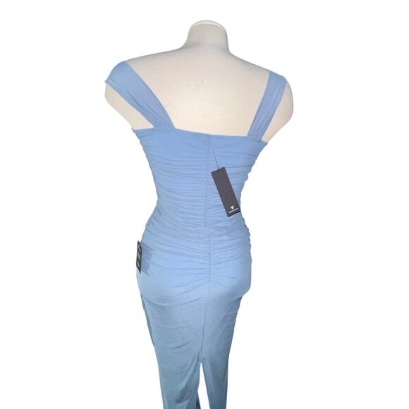 Lulus Amazing Presence Slate Blue Mesh Ruched Column Maxi Dress Sz XS Womens Blu - Picture 15 of 16